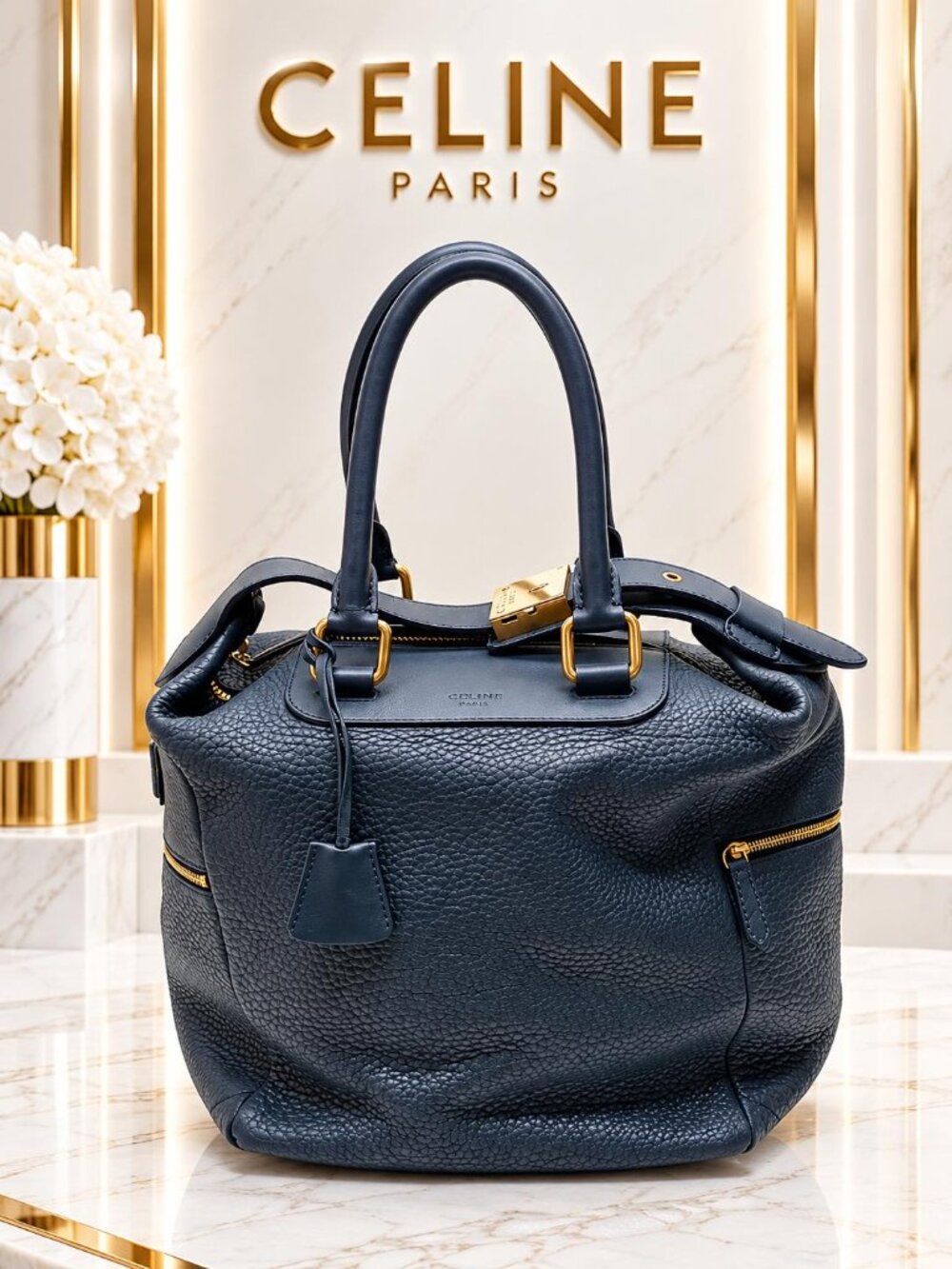 Authentic Celine Paris Navy Blue Pebbled Leather Tote Handbag Gold Hardware